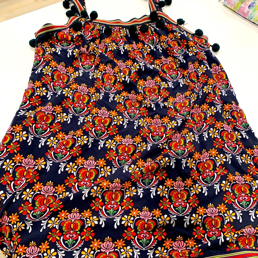 Crown & Ivy Navy Red Pink Moroccan Floral Pom Pom Shift Tank Dress